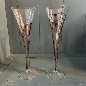 Vintage 1980’s Blown Glass Champagne Flutes with Vibrant Accents - Set of 2